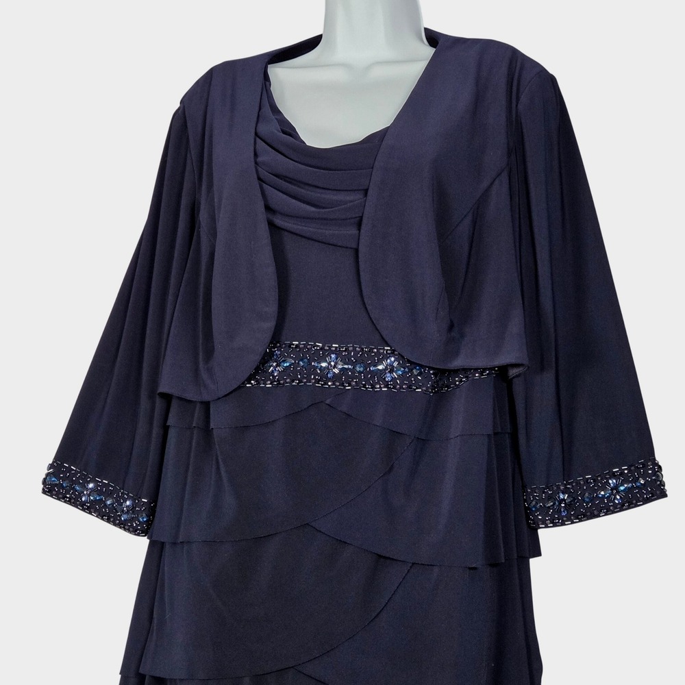Alex Evenings Womens 14W 2 pc Tiered Chiffon Dress Set Navy‎ Blue Beaded Formal